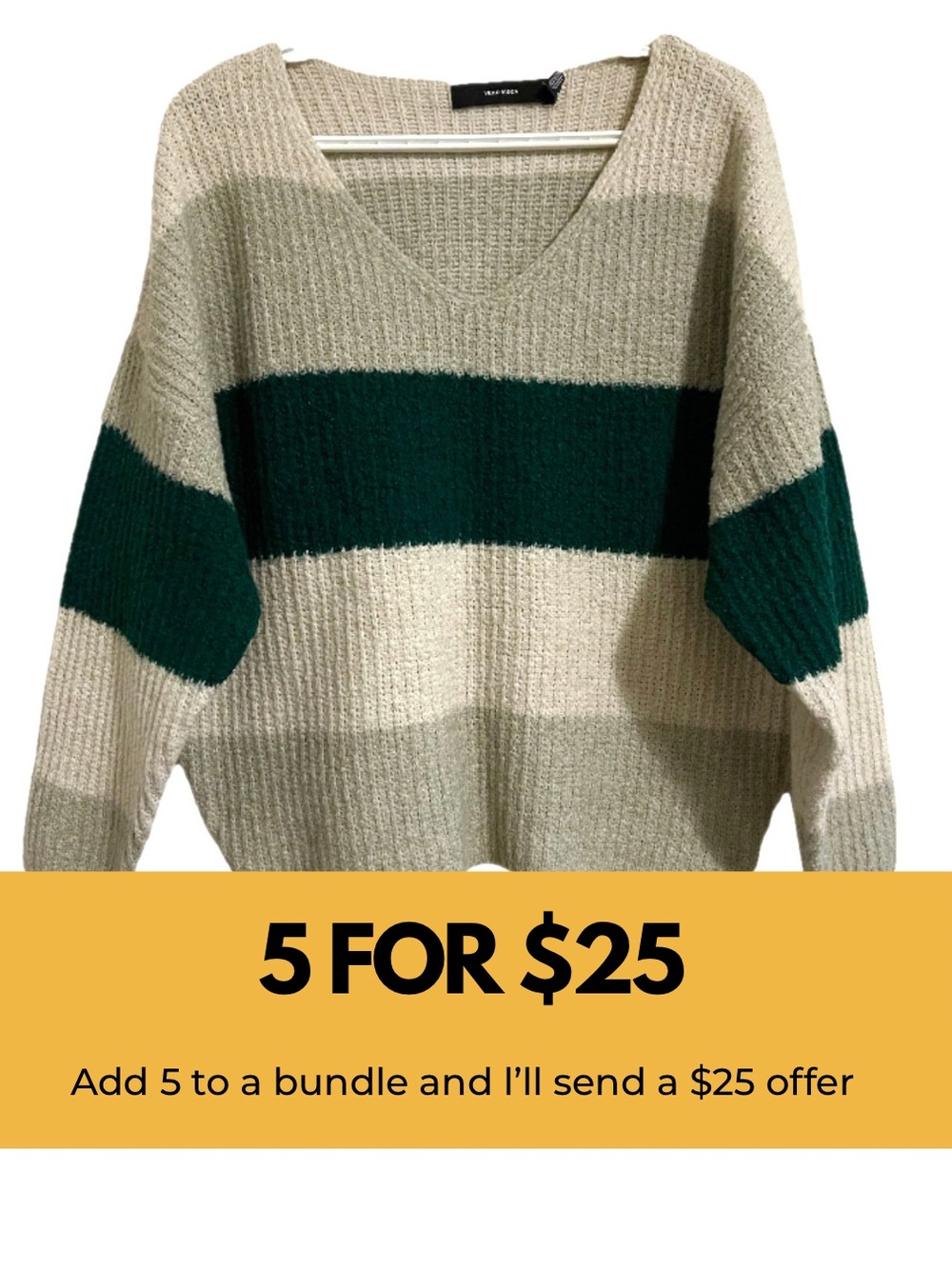 Vero Moda Extra Oversized Cream and Dark Green Striped V-Neck Sweater